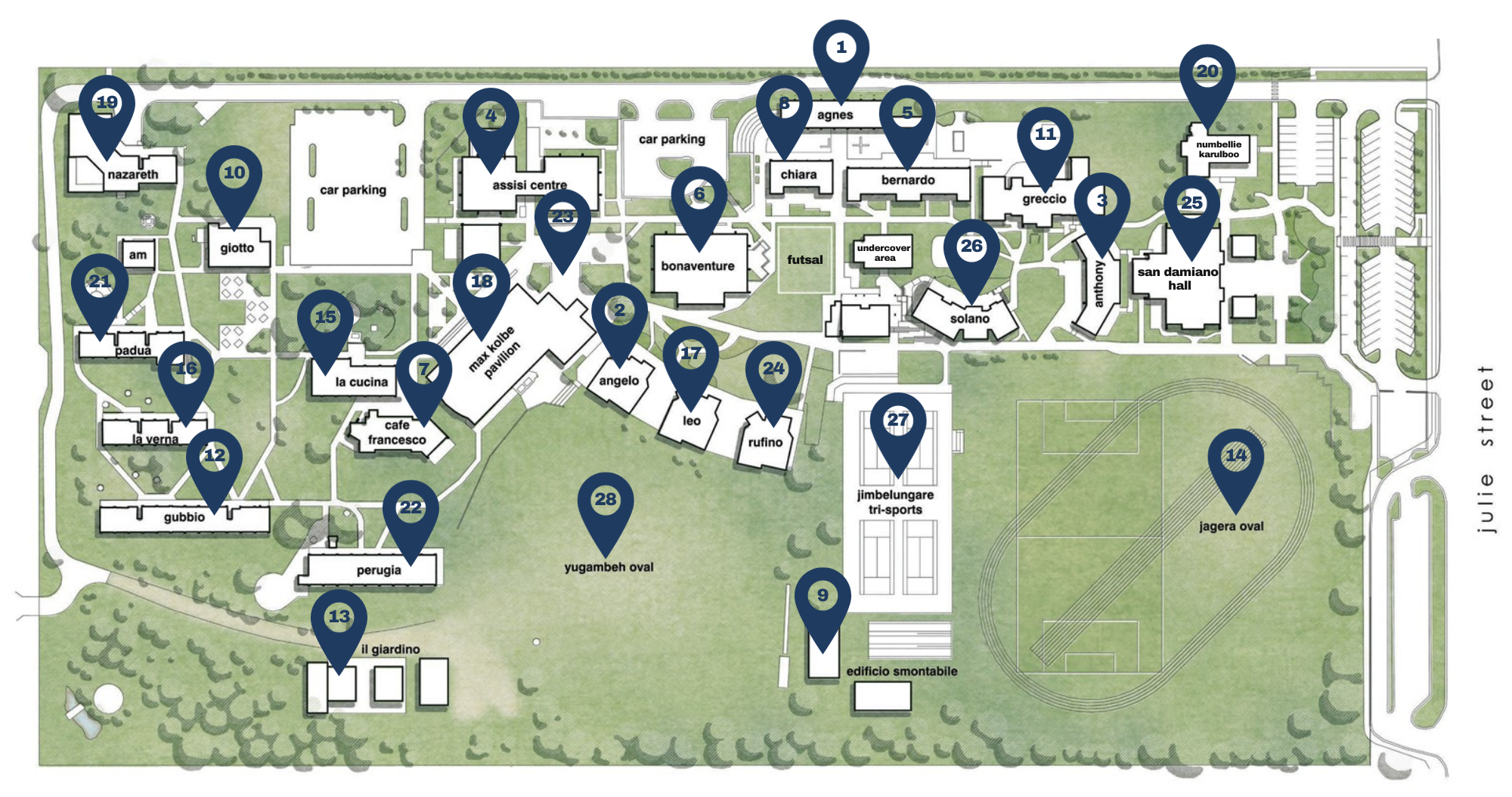 Campus wayfinding map showing key buildings, facilities, sports areas and outdoor spaces across the school grounds